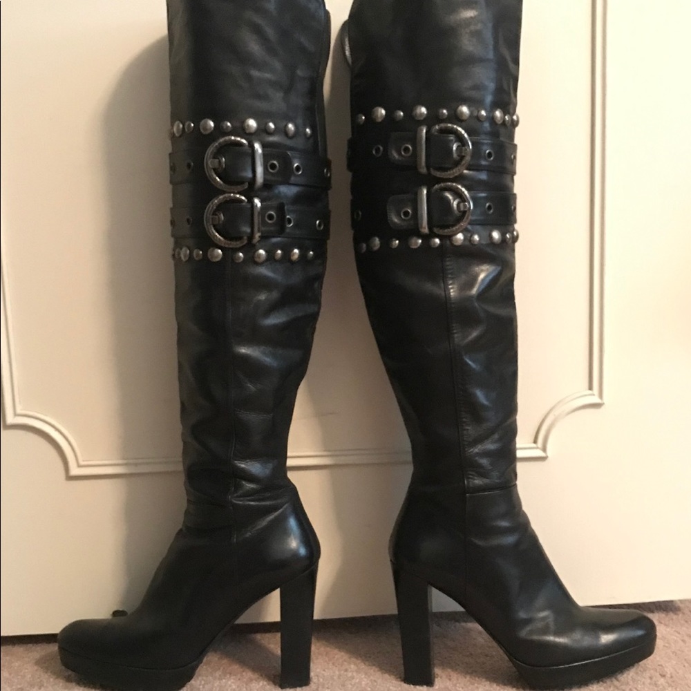 Stuart Weitzman black leather studded boot